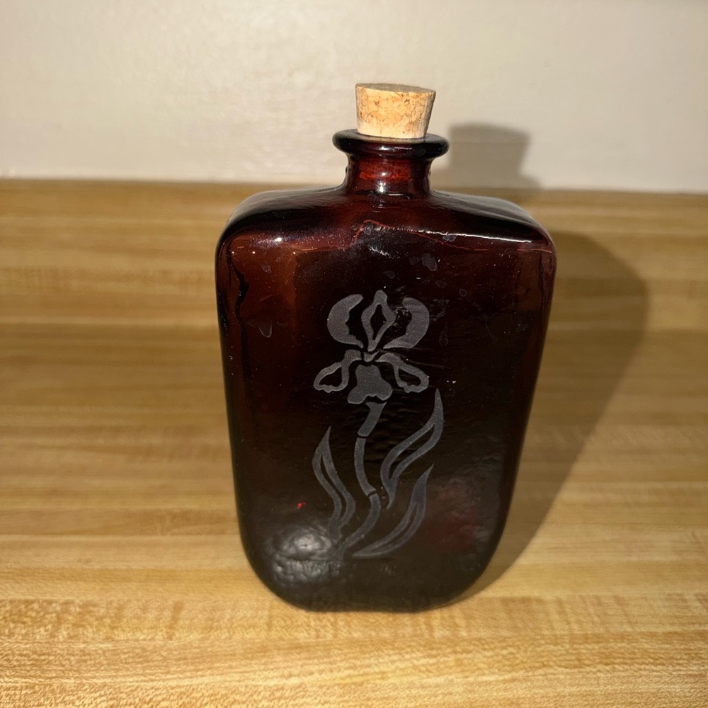 Amber Glass Flask Bottle with Etched Iris Design and Cork Art potion home decor